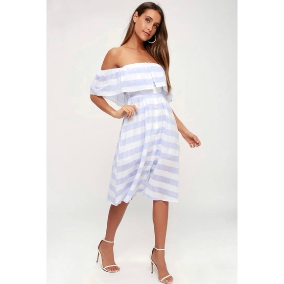 Lulus Off the Shoulder Transatlantic Voyage Blue Ivory Striped Midi Dress M - Picture 3 of 12